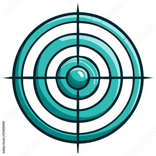 Cartoon turquoise concentric target with crosshairs in an archery competition