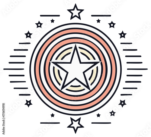 Abstract Circular Emblem with a Central Star and Radial Starbursts