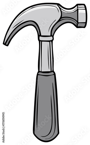 Illustration of a classic claw hammer with a gray handle on a plain background