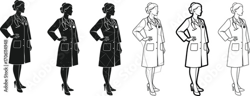 Female doctor character set in progressive art styles, black-and-white illustration for healthcare, education, fashion, and visual design reference themes