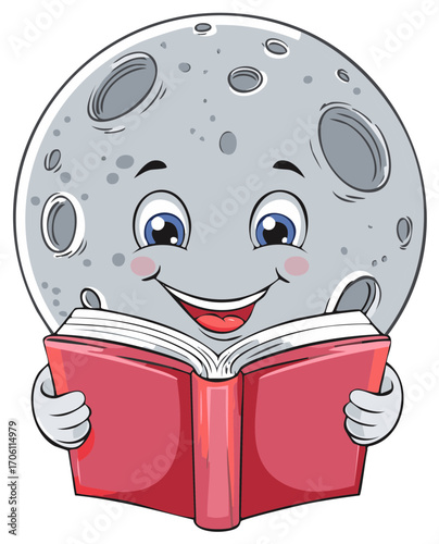 Happy cartoon moon character reading a book with a smile