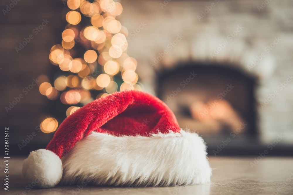 Obraz premium A red and white santa hat is sitting on a table in front of a fireplace. Christmas stockings, Christmas gift sock holiday concept.