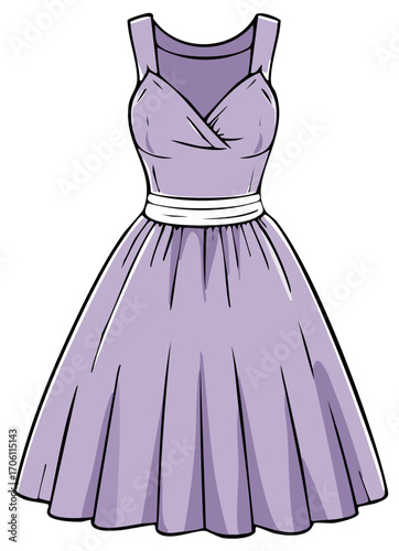 Elegant lavender sleeveless dress with full pleated skirt and white sash, fashionable women's attire