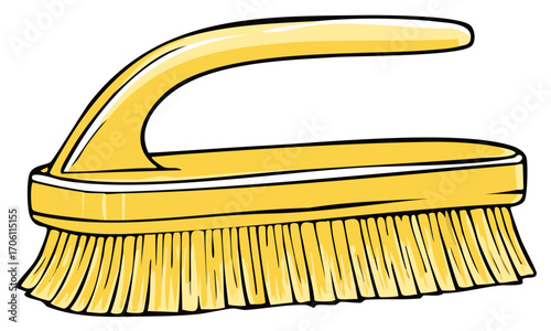 Yellow plastic scrub brush with handle and stiff bristles for household cleaning chores illustration