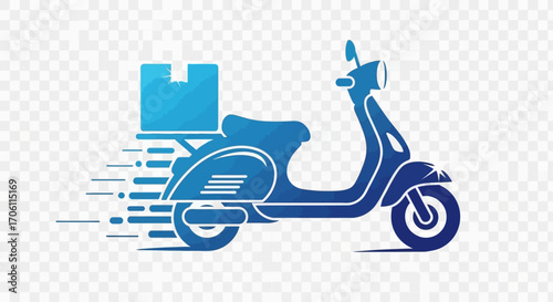 Blue scooter delivers package quickly on transparent backdrop, showcasing fast delivery service with motion lines, conveying efficiency and speed.