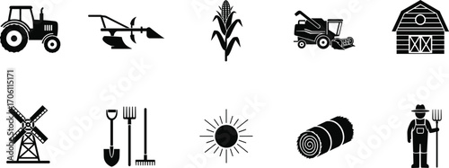Farming silhouettes, tractor, plow, corn, harvester, barn, windmill, gardening tools, sun, hay bale, farmer, agriculture, rural, farm equipment, harvest
