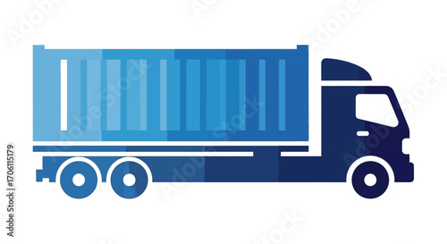 Blue truck transporting container on white surface, symbolizing logistics, delivery, and freight transport in a modern and clean style.