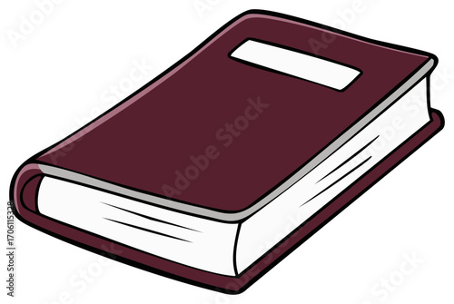 Cartoon illustration of a closed maroon hardcover book with a blank label