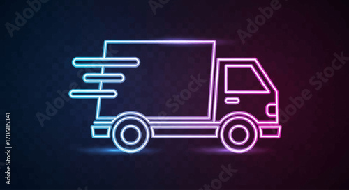 Neon delivery truck speeding along dark highway at night, symbolizing fast and efficient logistics with a modern, futuristic aesthetic.