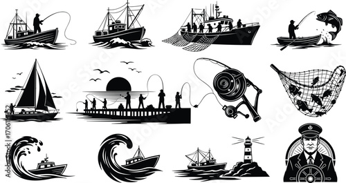Fishing boats, fishermen, fishing nets, fish catch, ocean waves, fishing rod, lighthouse, captain, fishing industry, sea adventure, maritime, coastal fishing, fishnet, b