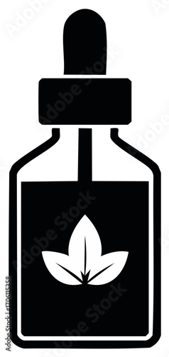 Black vector dropper bottle illustration with leaf symbol for cosmetics или medical fluids and oils icon