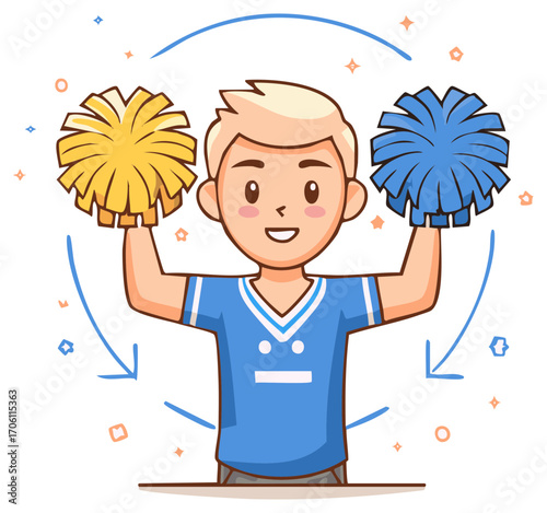 Smiling Cartoon Character in Blue Uniform Holding Colorful Pom-Poms, Celebrating and Cheering