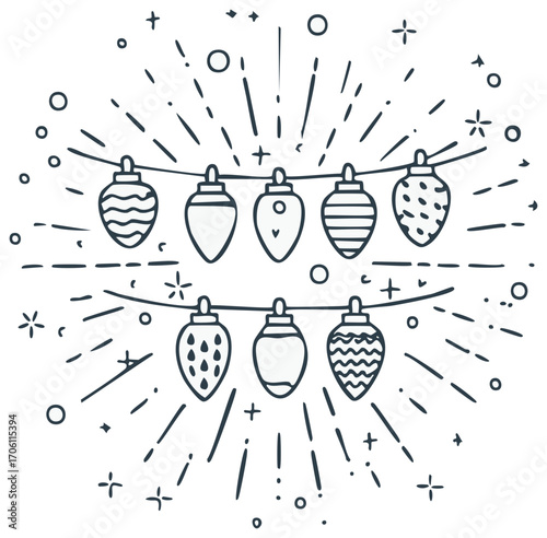 Decorative string of holiday lights with starburst vector illustration