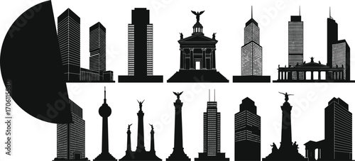 Global landmark silhouettes, famous monuments, architectural icons, Berlin skyline, Angel of Independence, black vector set, historical buildings, travel design