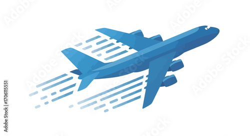 Blue airplane soaring through clear sky leaving contrails behind, symbolizing travel and adventure with a sense of freedom and speed.