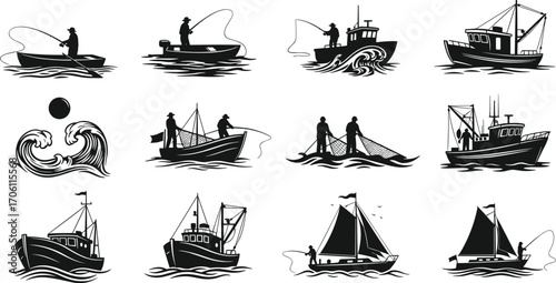 Fishing boats, trawlers, fishermen, ocean nets, sailing silhouettes, maritime vessels, sea waves, commercial fishery, boating art, vector illustration