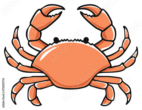Cartoon illustration of a bright orange crab with raised claws