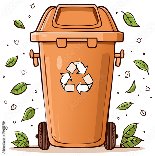 Cartoon Illustration of a Brown Recycling Bin Surrounded by Green Leaves and Decorative Elements.