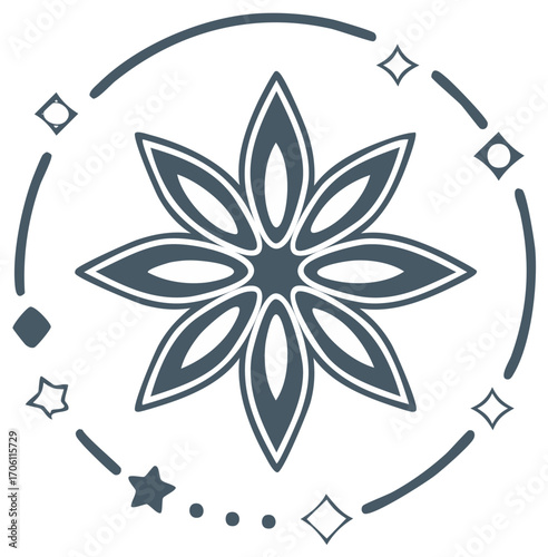 Stylized star anise spice emblem with surrounding geometric elements