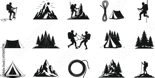 Hiking and camping icons, mountain climbing, backpacking, tents, outdoor adventure, forest, ropes, nature exploration, hiking gear, wilderness