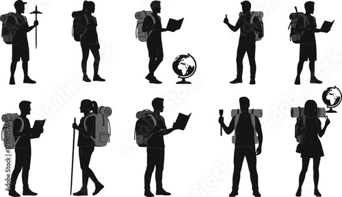 Hiker silhouettes vector, backpacker icons, trekking figures, hiking people clipart, travel adventure, outdoor explorer, map reading, globe