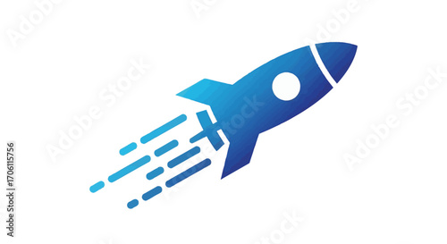 Blue rocket ship soars upward with a trail of speed lines against a white backdrop, symbolizing innovation and rapid growth in the tech industry.