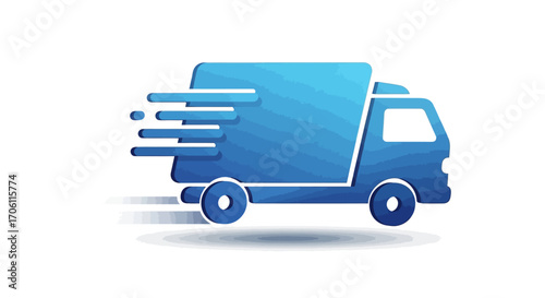 Blue delivery truck speeding across a white surface, suggesting fast and efficient shipping with motion lines indicating speed and urgency.