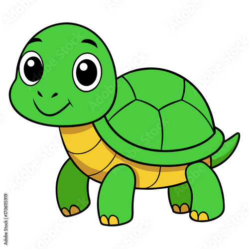 Funny turtle cartoon illustration with green shell and happy smiling character in comic style