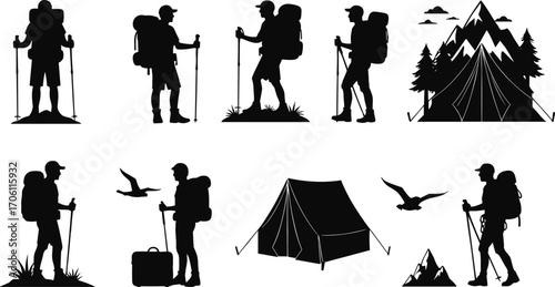 Hiking and camping silhouette vector set, backpackers, trekking, tent, mountain, outdoor adventure, travel icons, nature, exploration, hiking gear