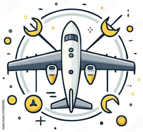 Aircraft maintenance concept with a passenger jet and repair tools vector illustration
