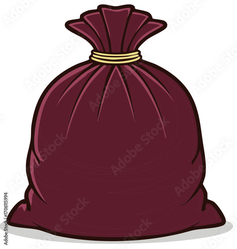 Large burgundy drawstring bag tied with yellow cord simple illustration