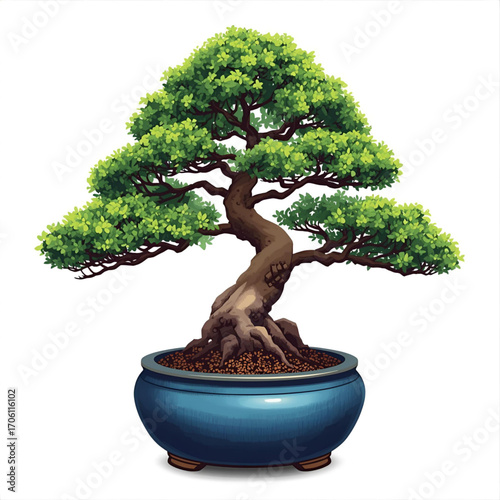Serene bonsai tree with lush green leaves in a blue ceramic pot, symbolizing nature and tranquility.