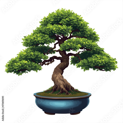Tranquil bonsai tree with lush green leaves in a blue pot, symbolizing peace and nature's artistry