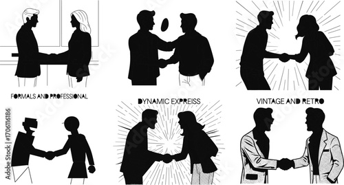 Handshake silhouette vector set, formal, dynamic, retro, abstract styles, black and white illustration for business, agreement, and interpersonal interaction