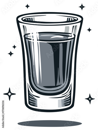 Dynamic grayscale shot glass vector illustration with glistening liquid for celebrations