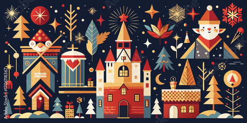 Fairytale Christmas village with houses and a castle, vector illustration