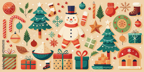 Christmas vector cartoon set with Santa Claus, snowman, gifts, and a decorated tree