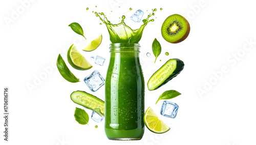 Refreshing green juice splash bottle bursting with kiwi lime and cucumber ingredients isolated on transparent background