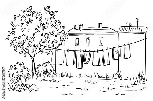 Rural courtyard with clothesline, hand drawn sketch of small house, tree and hanging laundry – countryside summer backyard vector illustration