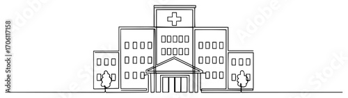 Hospital building line icon, modern outline medical center facade with cross symbol – vector illustration for healthcare and insurance infographics and web design
