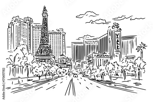 Las Vegas Strip skyline with Eiffel Tower replica, wide boulevard perspective hand drawn cityscape vector illustration