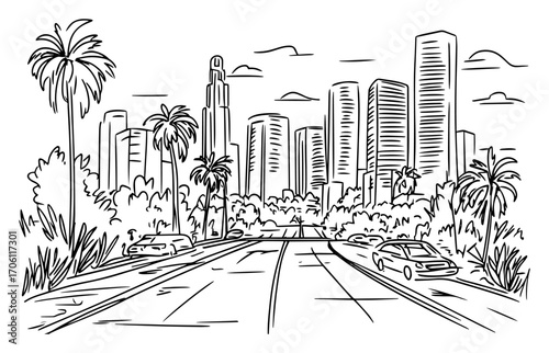 Palm tree boulevard leading to modern skyscraper skyline, sunny urban cityscape – hand drawn vector illustration