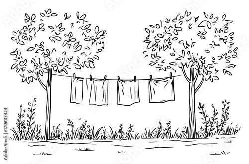 Clothes drying on line strung between two leafy garden trees, sunny countryside laundry scene – hand drawn vector illustration