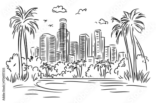 Sunny palm‑fringed lagoon with modern skyscraper skyline in background, tropical urban landscape – vector illustration