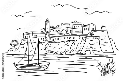 Ancient coastal fortress on rocky cliff with sailboat gliding in calm bay – historic seaside vector illustration