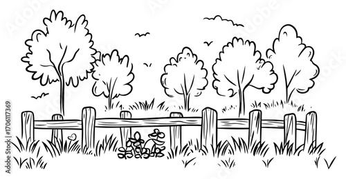 Wooden fence across grassy meadow with small trees and birds, peaceful rural countryside scene – hand drawn vector illustration