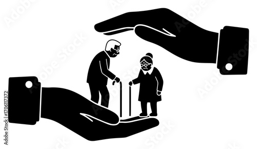 Protective hands caring for elderly couple, senior care safety concept silhouette – vector illustration