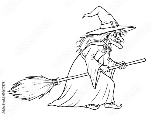 Old witch flying low on broomstick, spooky Halloween character in long cloak – hand drawn cartoon vector illustration