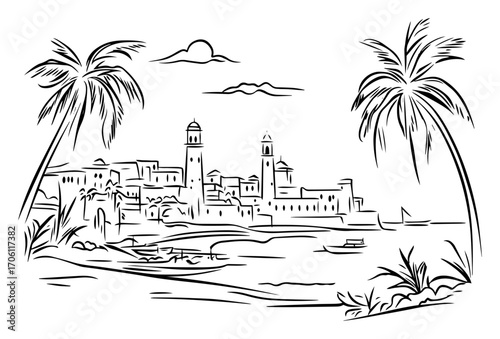 Seaside Middle Eastern old town with minarets and palm trees, coastal historic skyline – hand drawn vector illustration