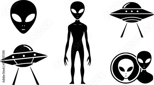 Alien SVG cut file, Alien silhouette, Alien face svg, Alien space silhouette, Alien vector, Alien UFO silhouette set